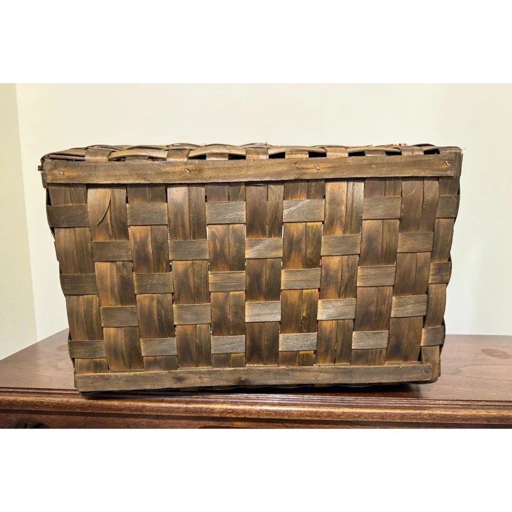 Ashland Christmas Flannel Plaid Lined Woven Basket Wooden Handles 17x11 Storage